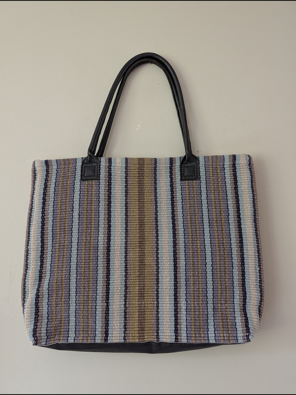 Dash And Albert Striped Multicolor large Tote Bag with Brown Leather Handles